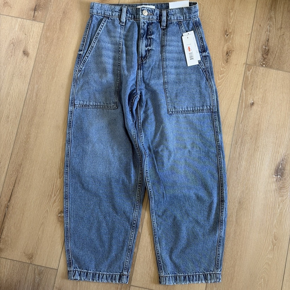 DKNY Jeans High Rise Barrel Leg Crop Medium Wash Patch Pockets Size 26